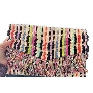 NWOT Stella & Dot Taj Clutch Boho Chic Fringe Purse Hippy Handbag Rainbow String